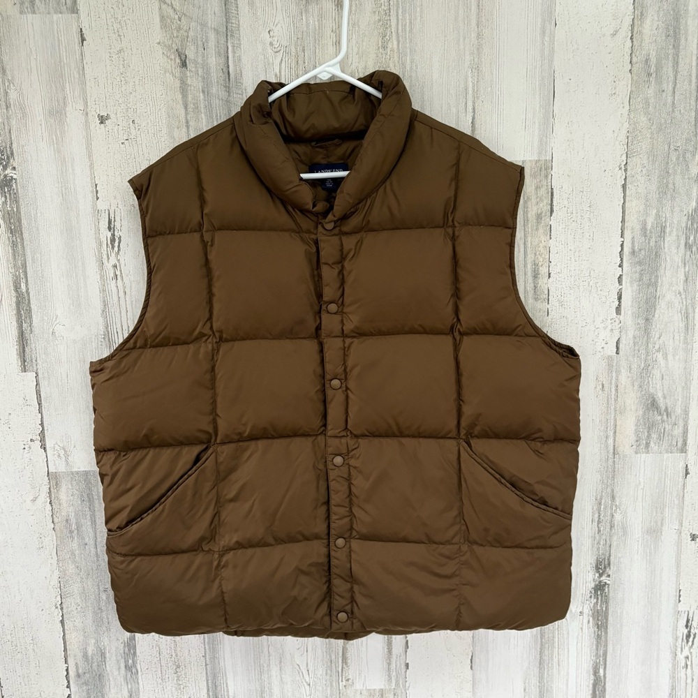 Lands’ End Men’s Size XXL 50-52 Goose Down Puffer Vest Snap Closure In Brown